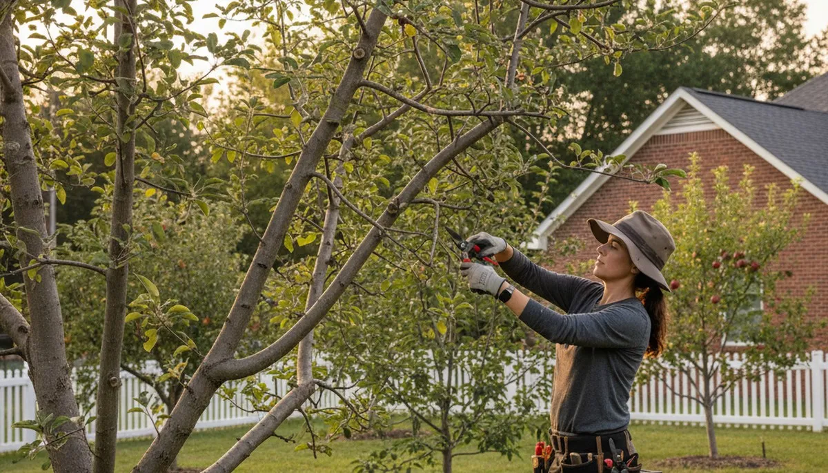 Arborist pruning fruit tree in Memphis TN backyard orchard for expert tree care and healthy growth