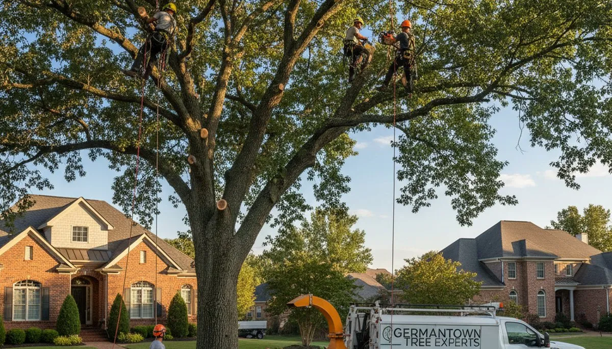 Professional tree removal service in Memphis TN safely cutting large oak near residential home