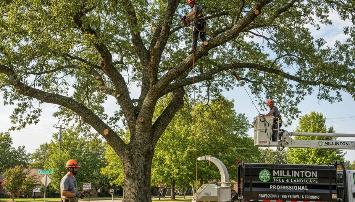 Professional tree removal service in Memphis TN safely cutting and hauling large oak tree